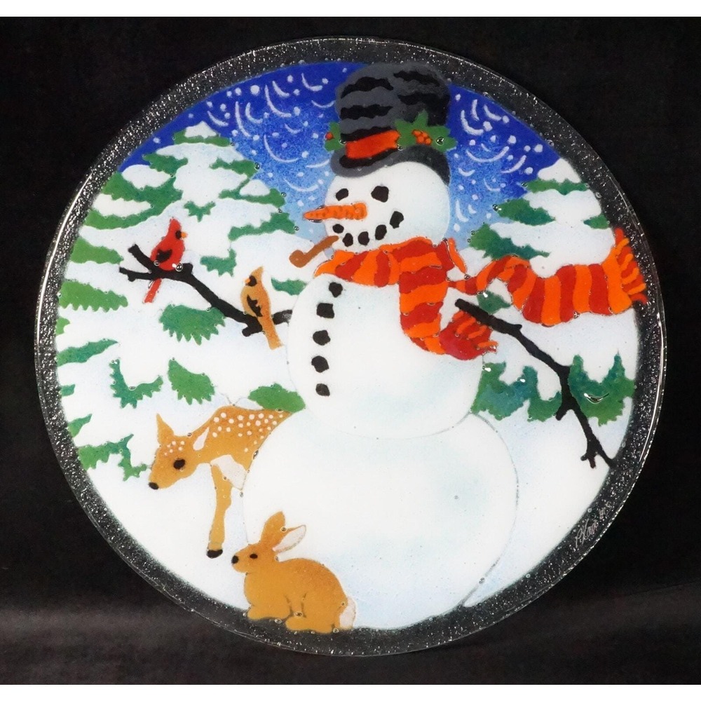Peggy Karr Snowman Plate 13.5" Winter Rabbit‎ Deer Cardinals by David Switzer